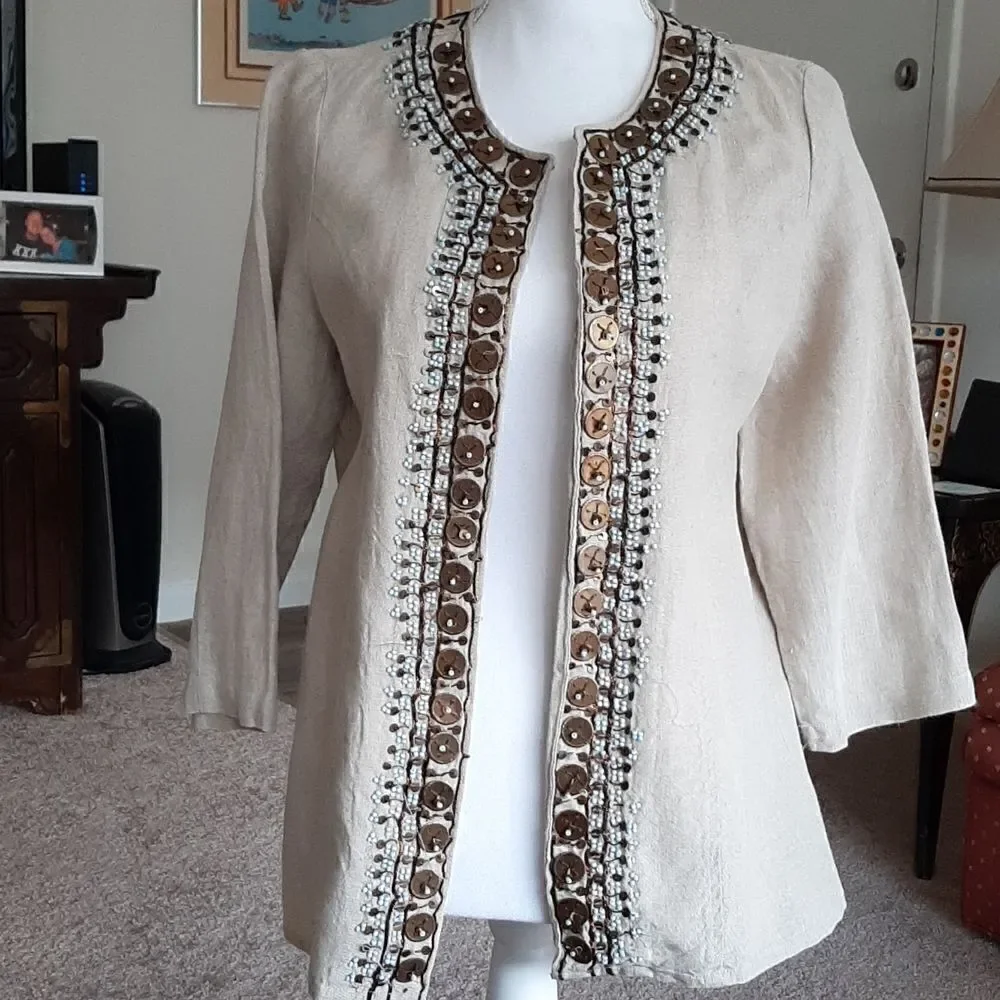 Chico's tan Linen jacket with turqoise beads and copper tacking